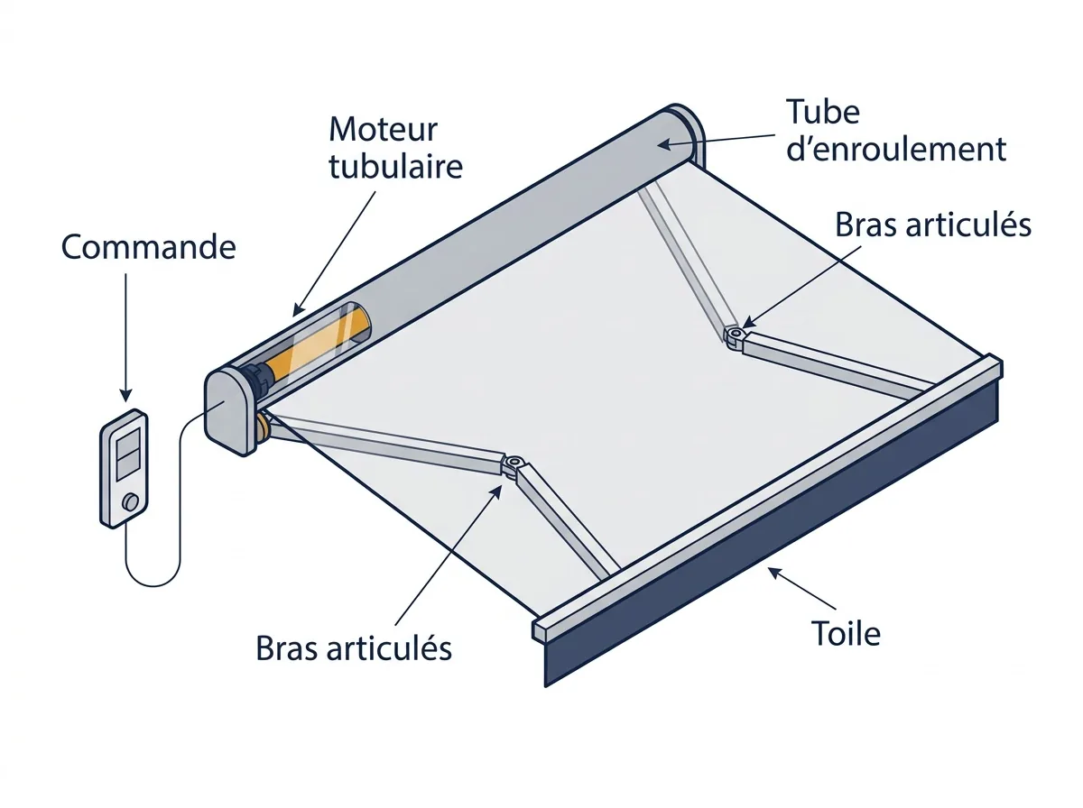Store banne à Limay : repérage de la commande, du moteur et des éléments du mécanisme