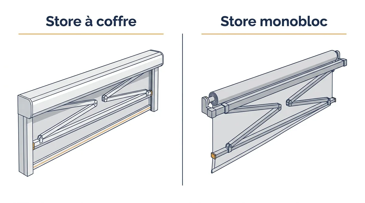 Store banne à Louvres : comparaison du coffre protecteur et du monobloc sur barre porteuse