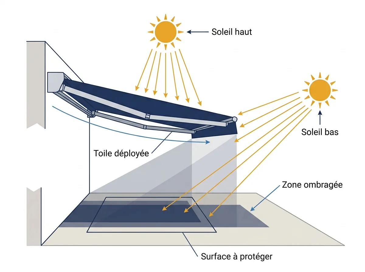 Store banne à Magny-le-Hongre : variation de la zone ombragée selon la position du soleil