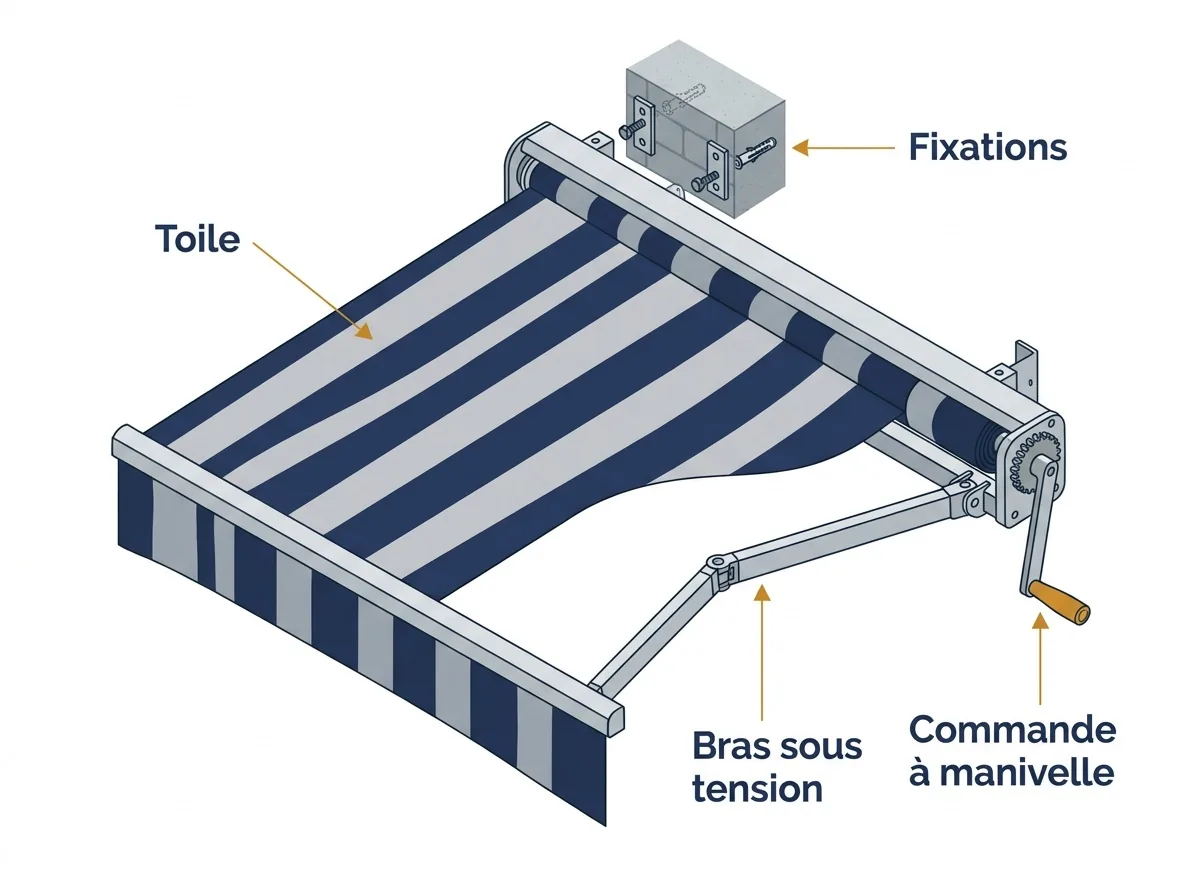Store banne à Mitry-Mory : points de contrôle de la toile, de la commande, des fixations et des bras