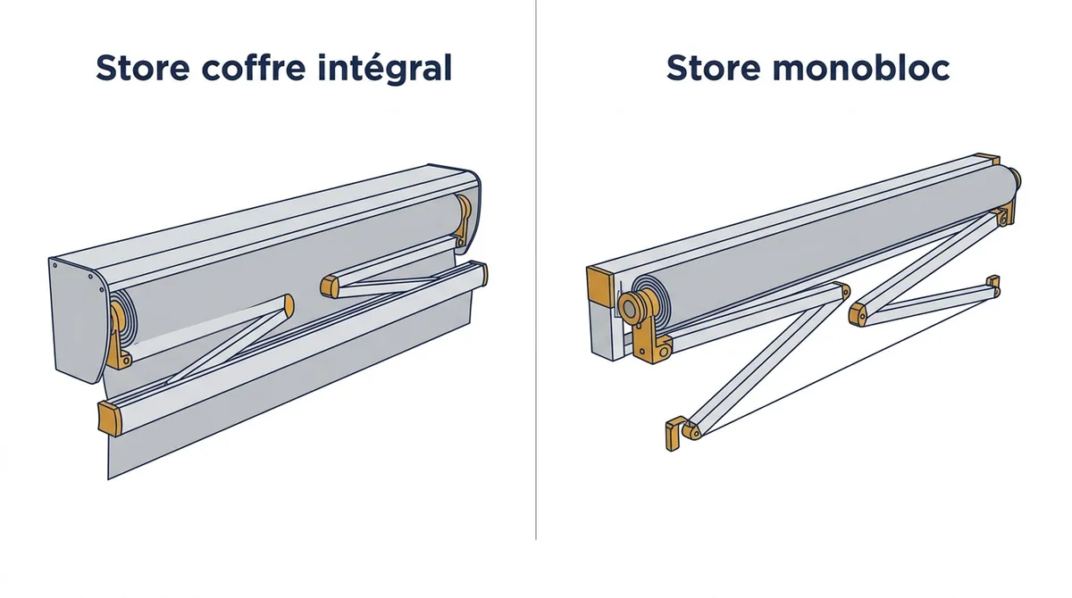 Store banne à Montesson : comparaison du coffre intégral et du monobloc une fois repliés