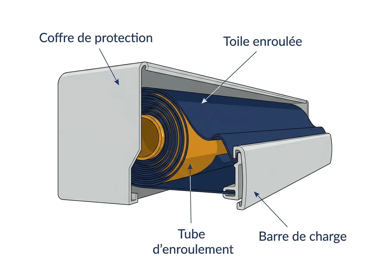 Store banne à Noisiel : coupe du coffre protégeant la toile repliée et du tube d’enroulement