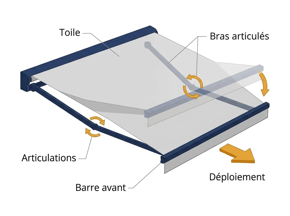 Store banne à Noisiel : déploiement des bras articulés et soutien de la toile