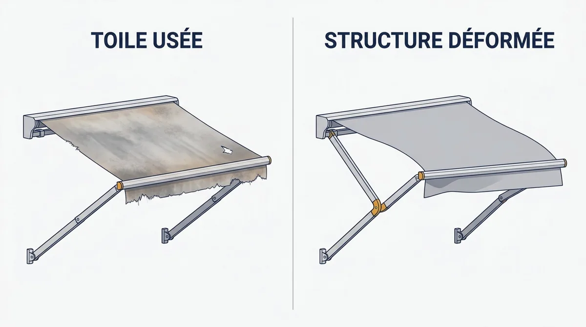 Store banne à Nozay : comparaison d’une toile usée et d’une structure déformée