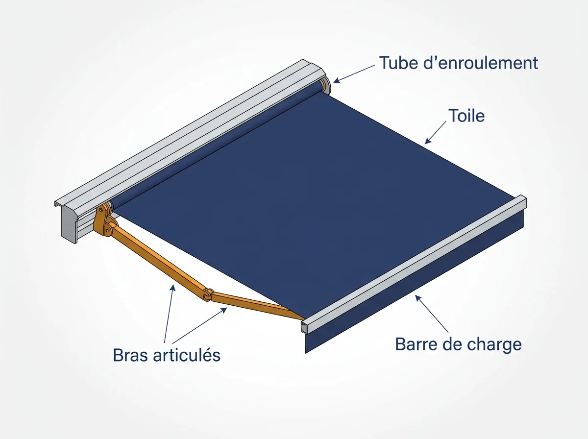 Store banne à Orsay : repérage de la toile, des bras articulés et du tube d’enroulement