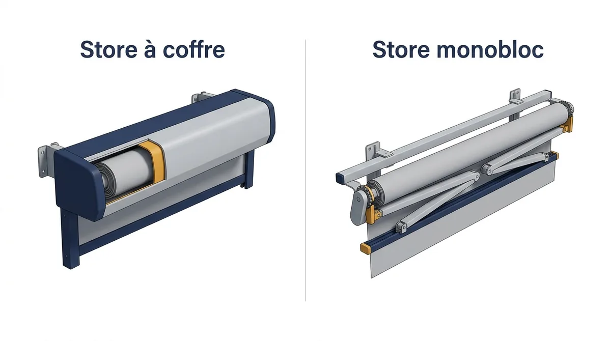 Store banne à Ozoir-la-Ferrière : comparaison du coffre et du monobloc en position repliée