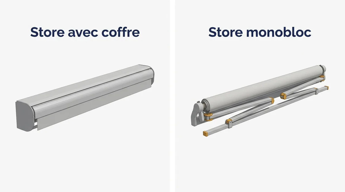 Store banne à Plaisir : comparaison d’un modèle avec coffre et d’un modèle monobloc
