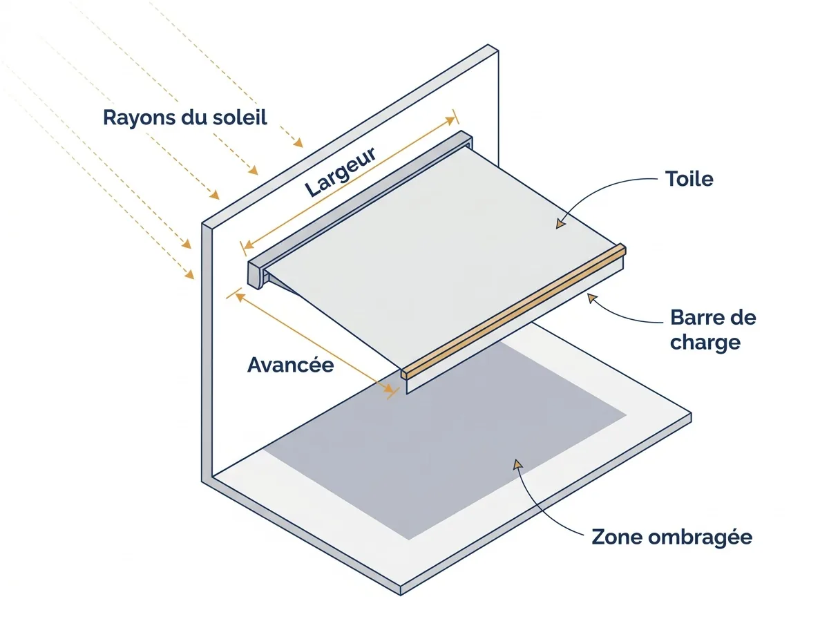 Store banne à Pontault-Combault : repérage de la largeur, de l’avancée et de la zone ombragée