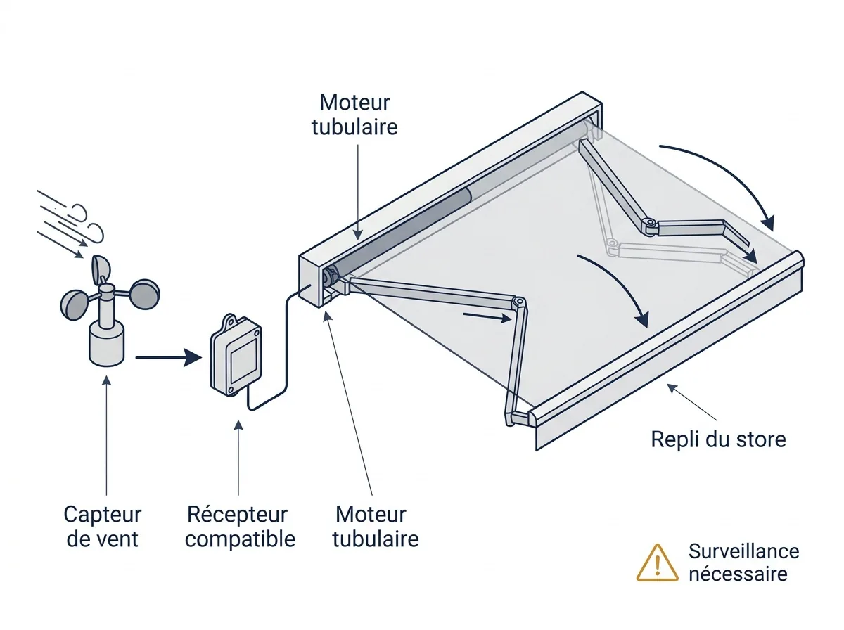 Store banne à Rozay-en-Brie : commande de repli par un capteur de vent sur une installation compatible