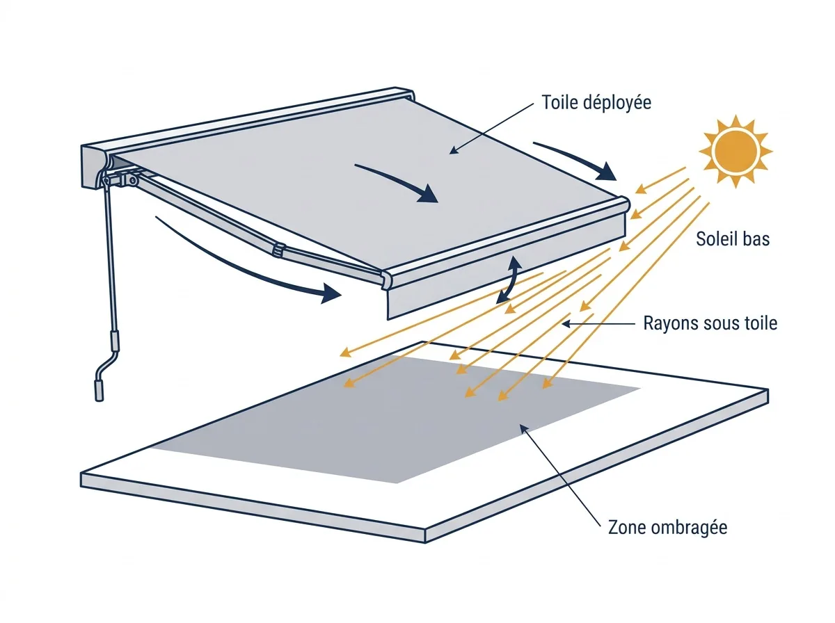 Store banne à Serris : trajet du soleil bas sous la toile et limites de la zone ombragée