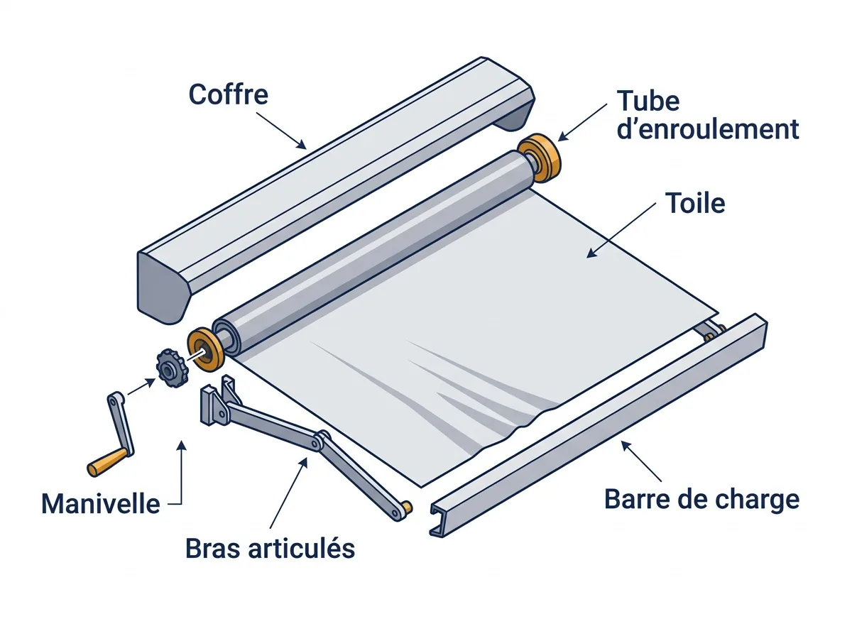 Store banne à Servon : vue éclatée du coffre, du tube d’enroulement et de la toile