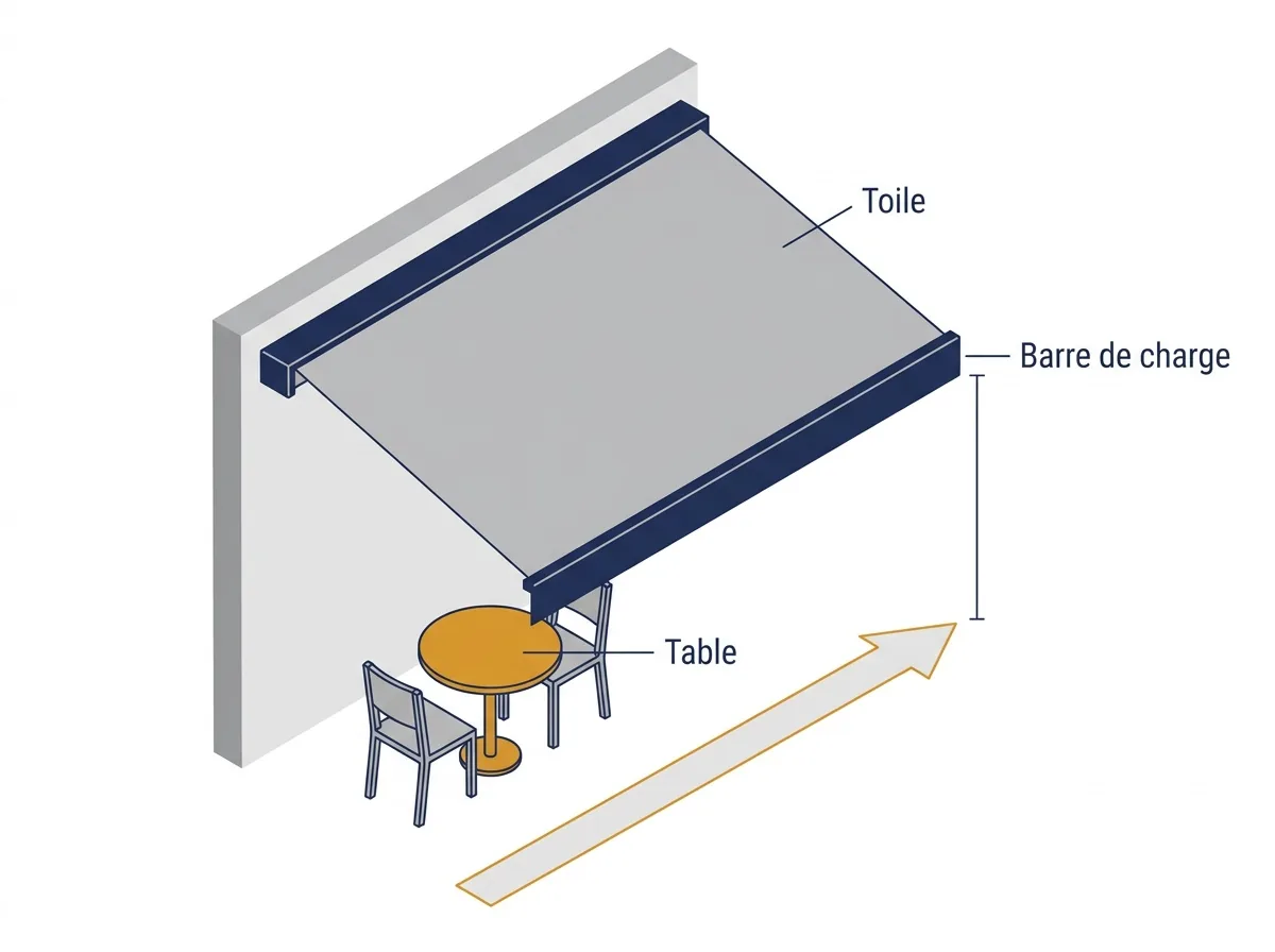 Store banne à Torcy : position de la toile, de la barre de charge et du mobilier près du passage