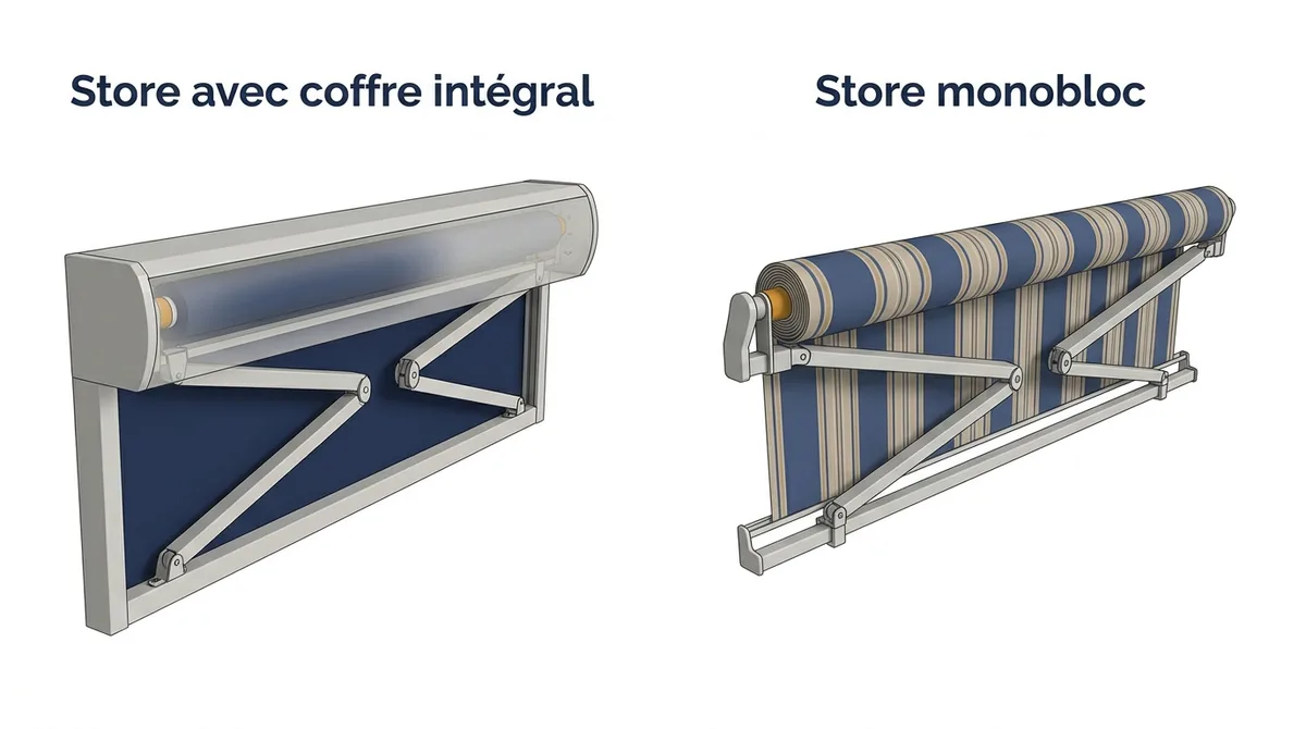 Store banne à Trappes : comparaison du coffre intégral et du monobloc en position repliée