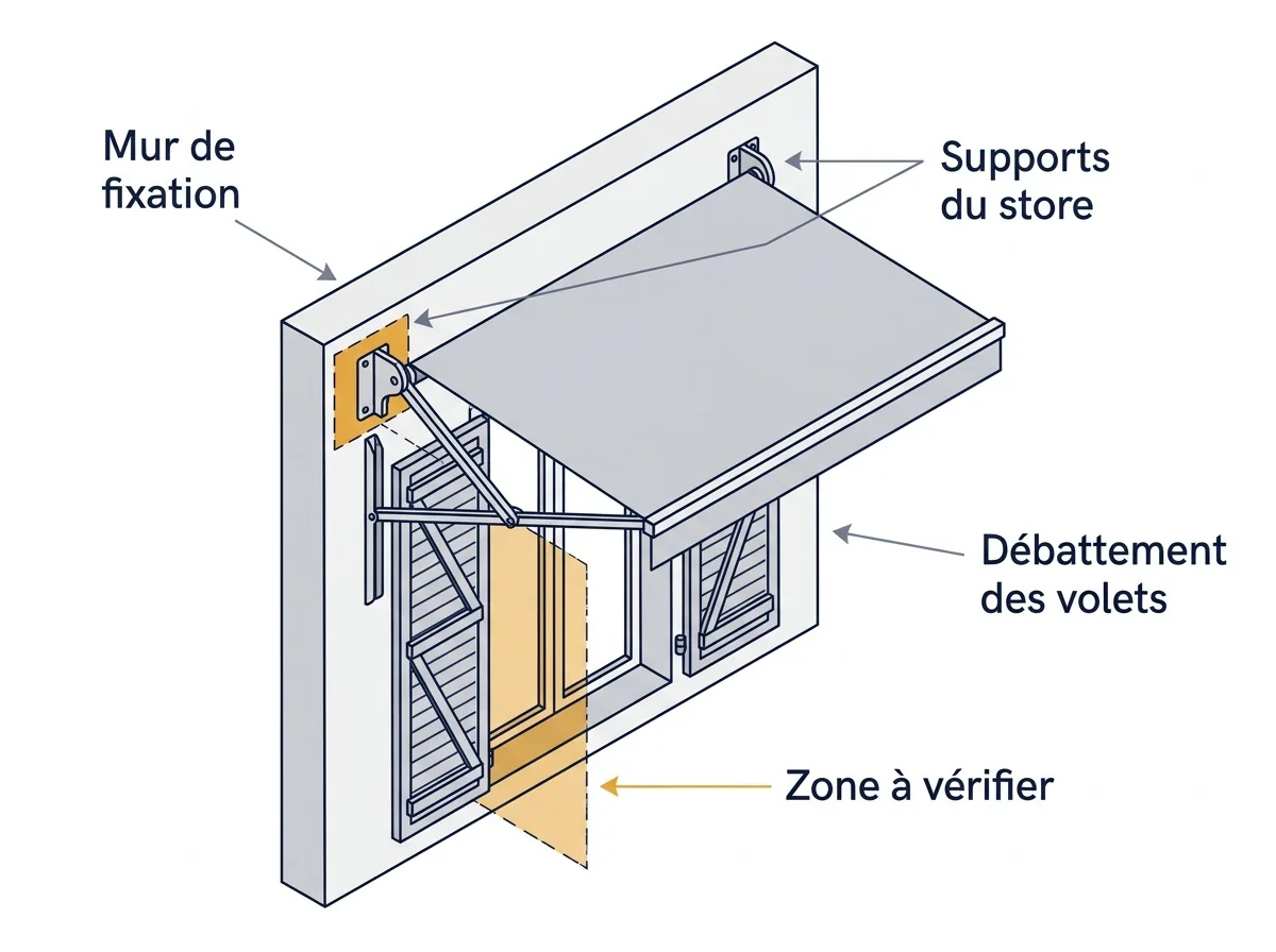 Store banne à Vaujours : position des supports et dégagement nécessaire à l’ouverture des volets