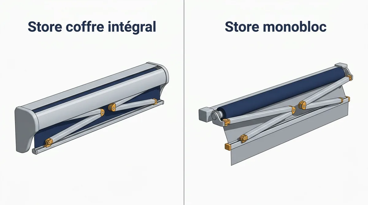 Store banne à Vélizy-Villacoublay : comparatif du coffre intégral et du monobloc sans coffre.