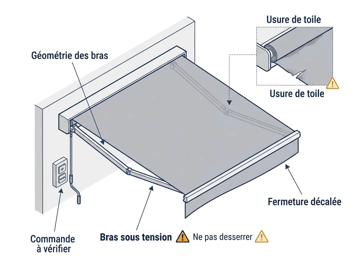 Store banne à Verneuil-l'Étang : zones de diagnostic d’une fermeture décalée et bras sous tension