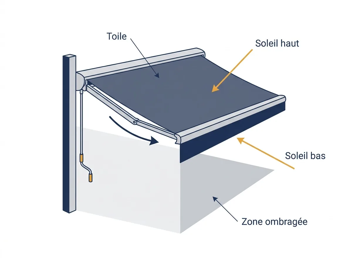 Store banne à Villenoy : trajet des rayons solaires et passage du soleil bas sous la toile