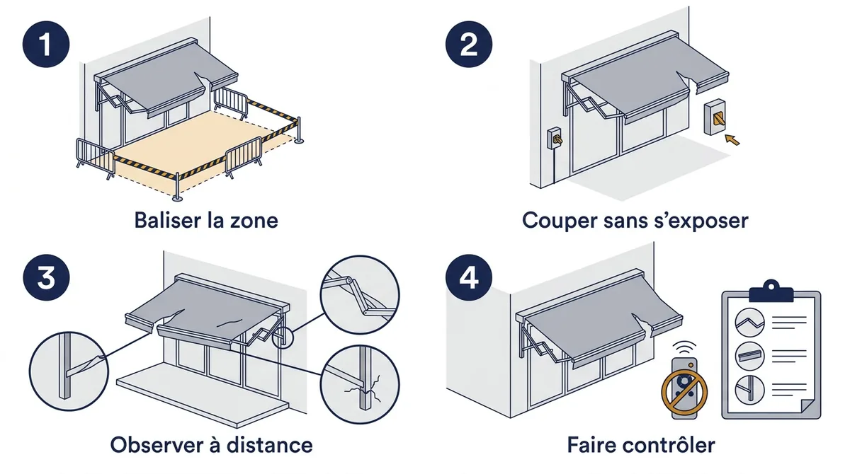 Store banne après le vent : balisage, coupure électrique, observation à distance et contrôle professionnel.