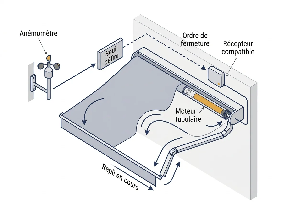 Store banne : capteur vent, récepteur et moteur reliés pour commander le repli automatique.