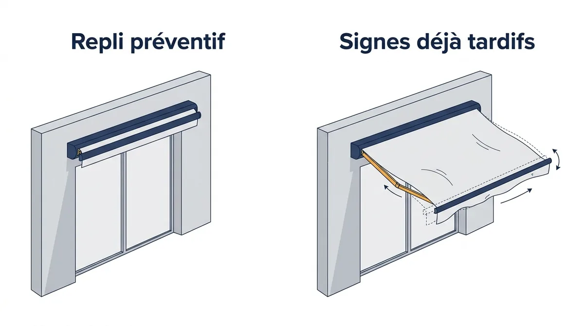 Store banne face au vent : repli préventif, toile qui claque et barre de charge qui oscille.