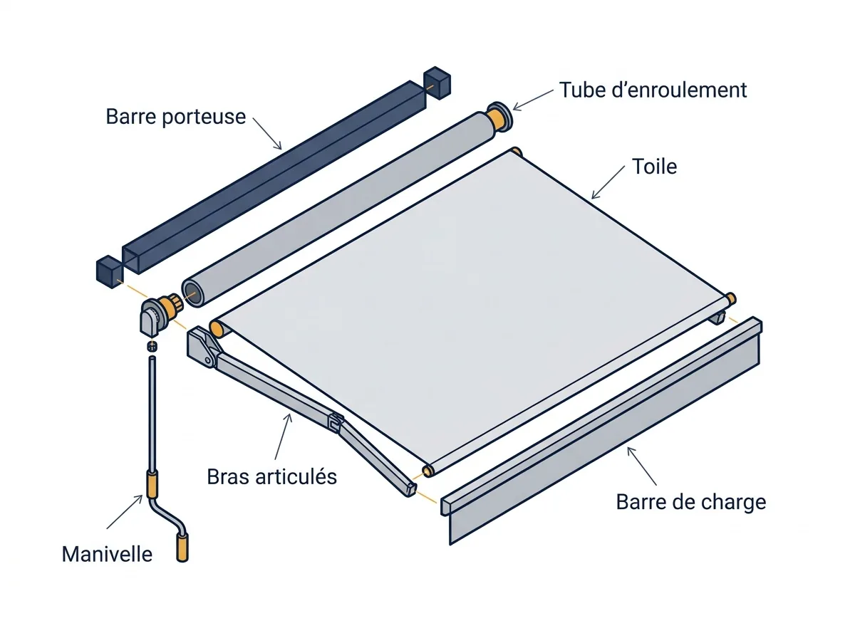 Store banne monobloc à Esbly : vue éclatée de la structure, de la toile et de la commande manuelle