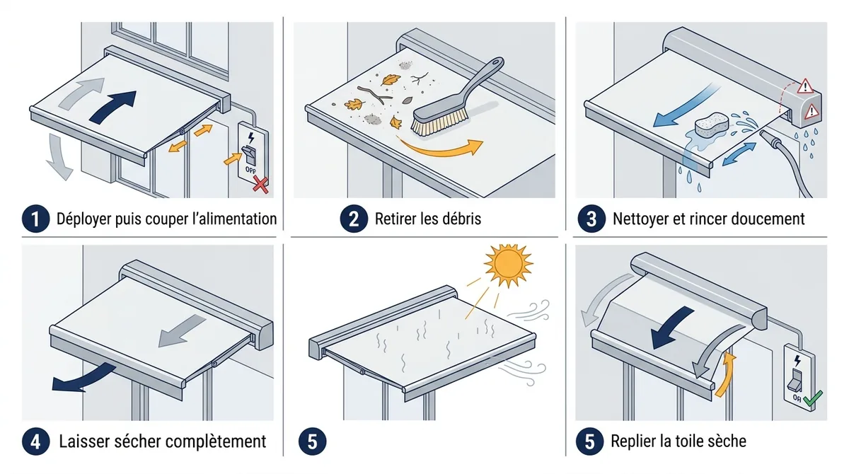 Store banne ou pergola bioclimatique : cinq étapes pour nettoyer et sécher la toile d’un store.
