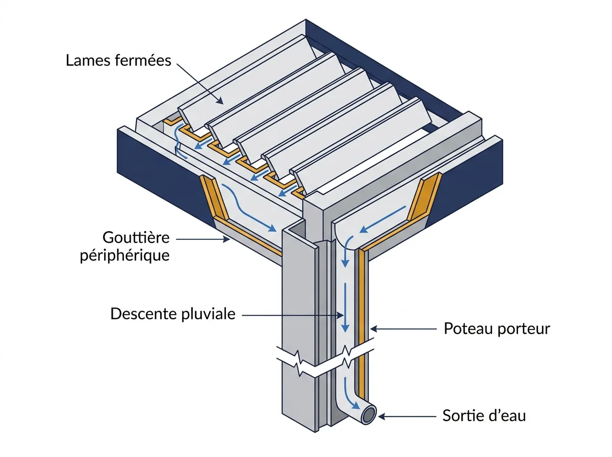 Store banne ou pergola bioclimatique : coupe du trajet de l’eau, des lames jusqu’au pied du poteau.