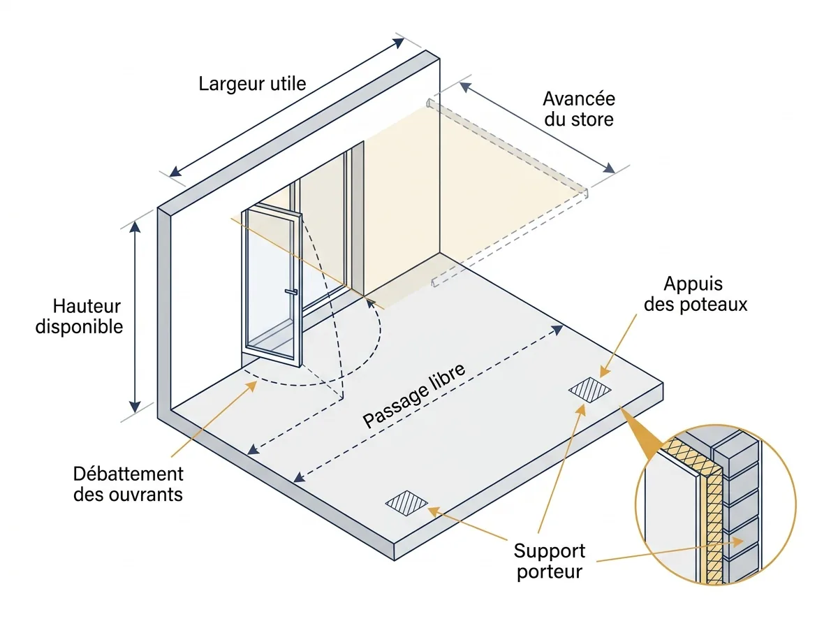 Store banne ou pergola bioclimatique : mesures de terrasse, passages et supports à vérifier.
