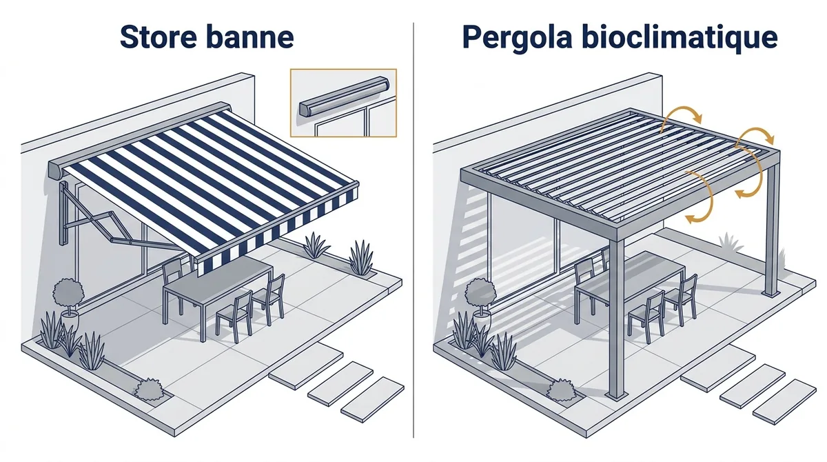 Store banne ou pergola bioclimatique : toile rétractable et ossature fixe à lames orientables.
