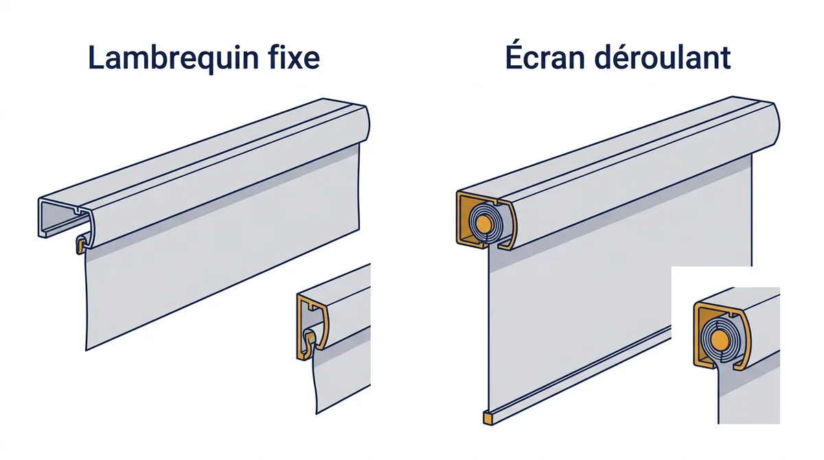 Store banne pour commerce : différence entre un lambrequin fixe et un écran vertical déroulant.