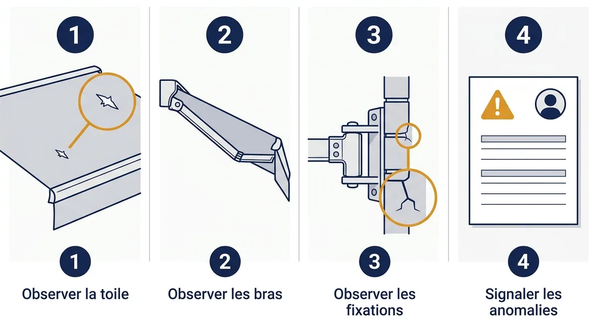 Store banne pour commerce : inspection de la toile, des bras, des fixations et signalement des anomalies.