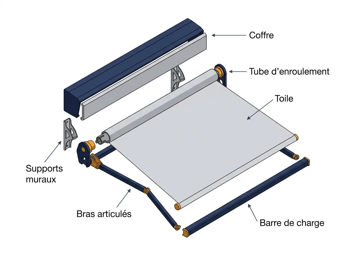 Store coffre à Itteville : vue éclatée du coffre, de la toile, du tube et des bras articulés