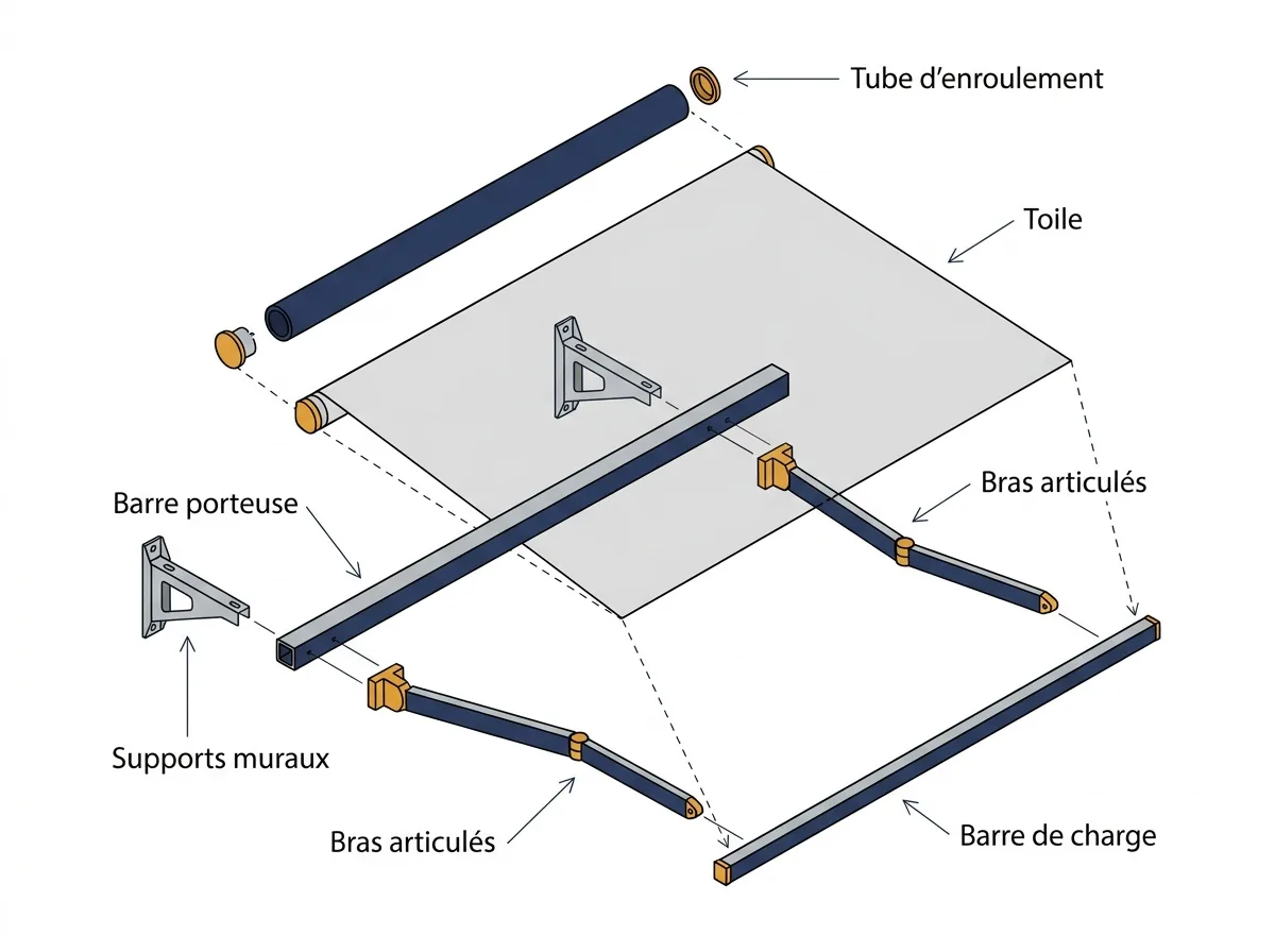 Store monobloc à Annet-sur-Marne : vue éclatée de la toile, de l’axe, des bras et de la structure
