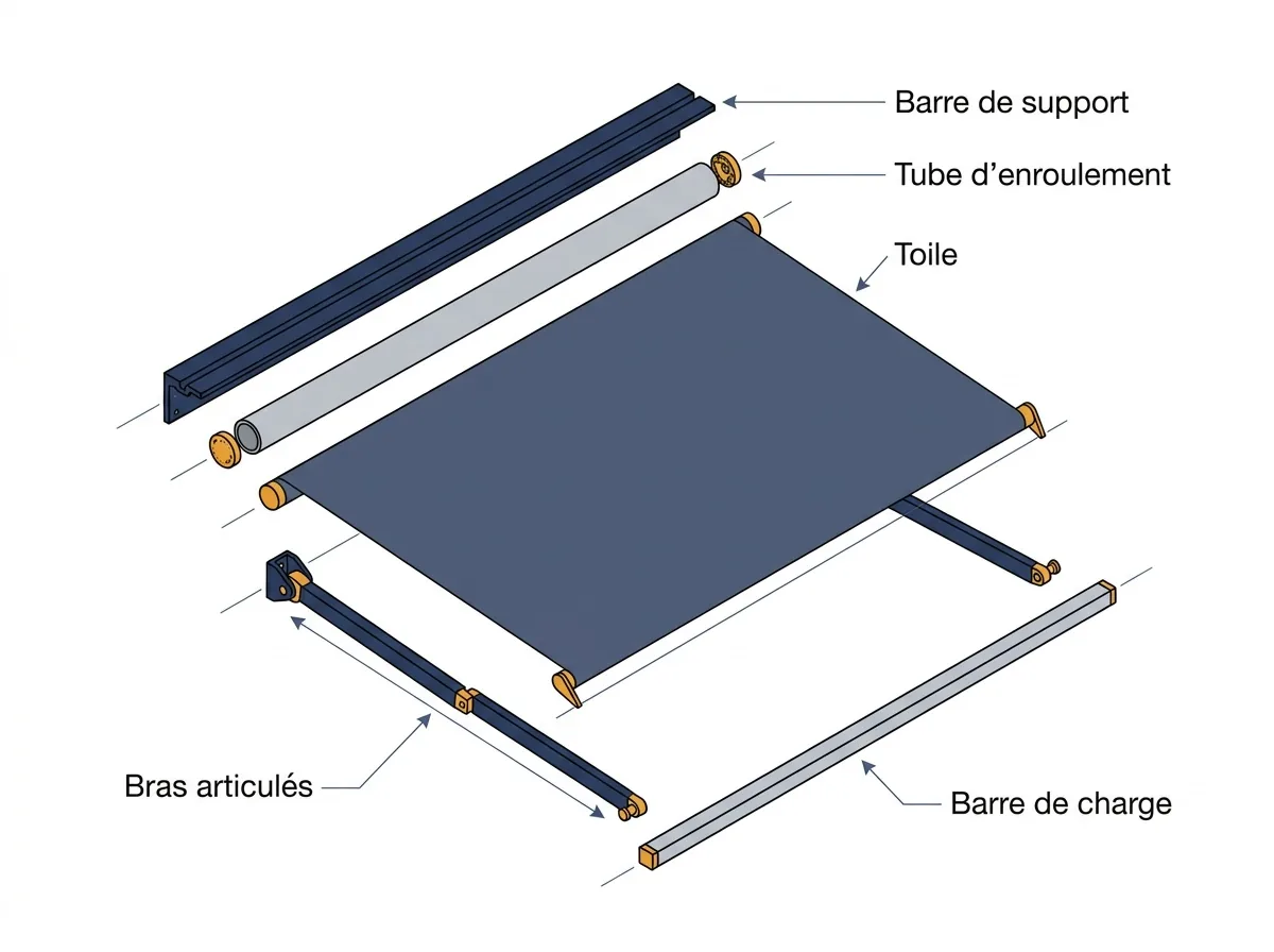 Store monobloc à Bois-le-Roi : vue éclatée du tube, de la toile, des bras et des barres