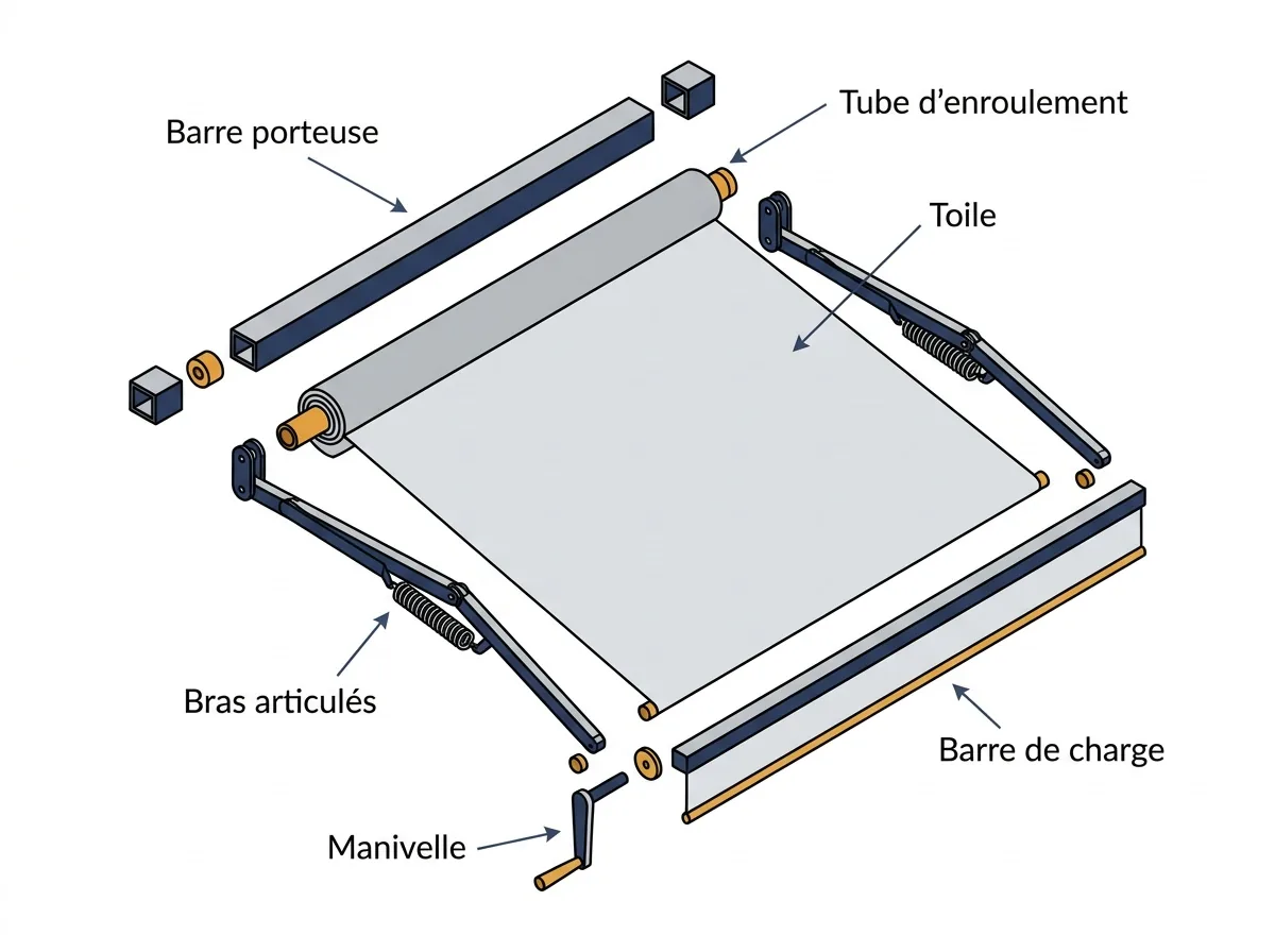 Store monobloc à Verneuil-l'Étang : vue éclatée de la toile, des bras et de la barre porteuse