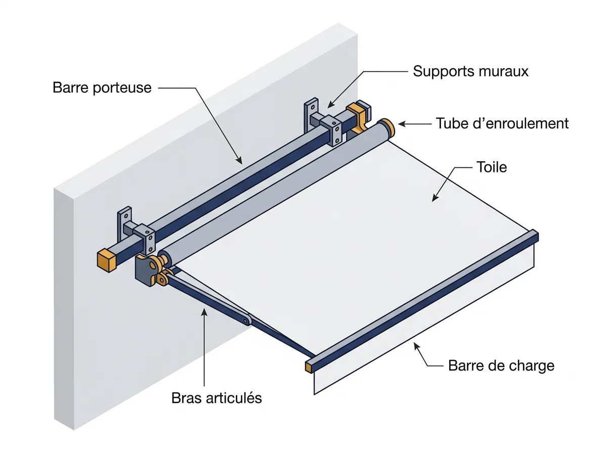 Structure d’un store banne monobloc : barre porteuse, tube d’enroulement, bras et barre de charge.