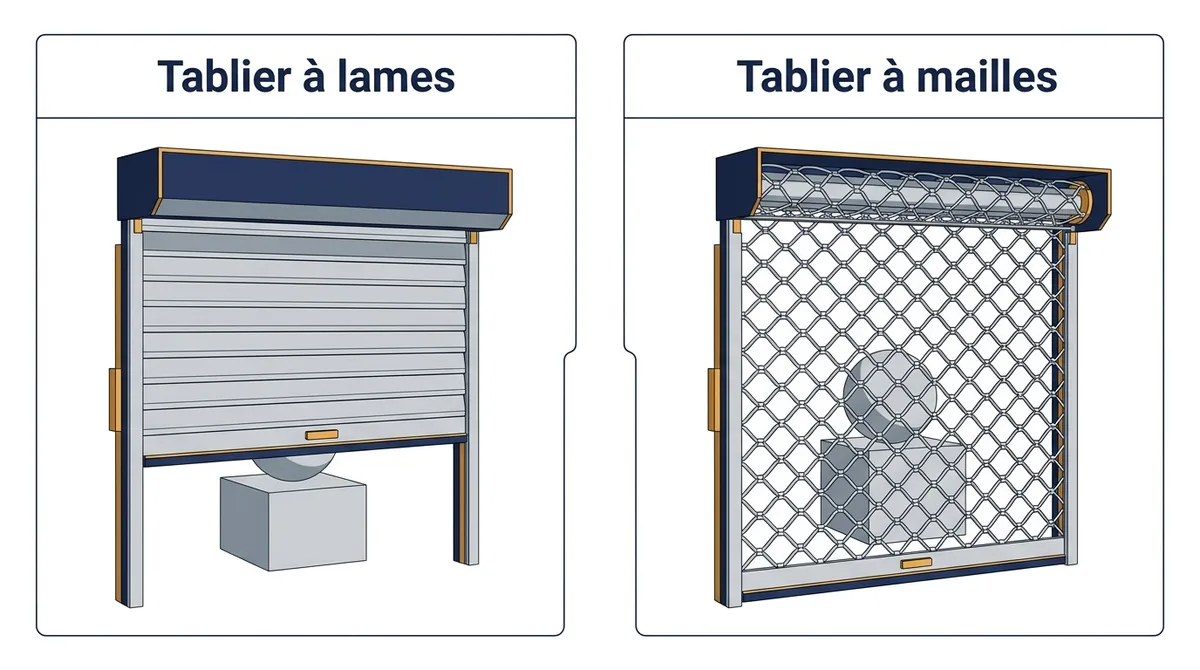 Tablier à La Garenne-Colombes : comparaison des lames et des mailles pour la visibilité.