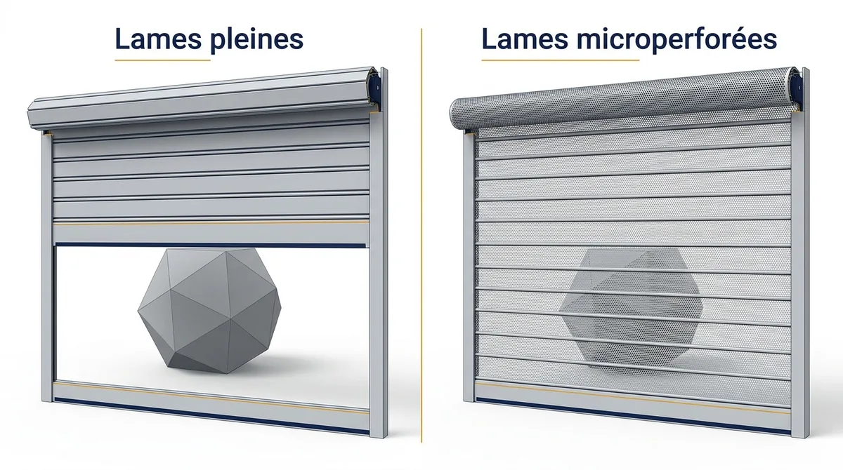 Tablier de rideau à Donnemarie-Dontilly : lames pleines et microperforées comparées