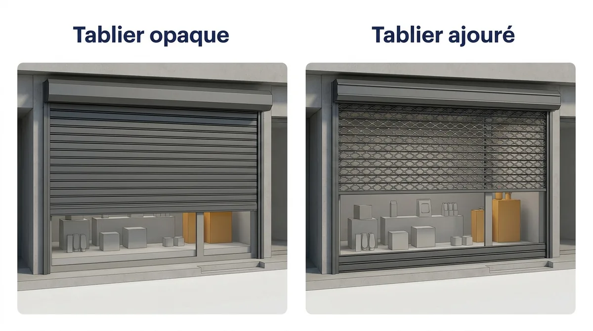 Tablier de rideau métallique à Cesson : comparaison de la visibilité avec une fermeture opaque ou ajourée