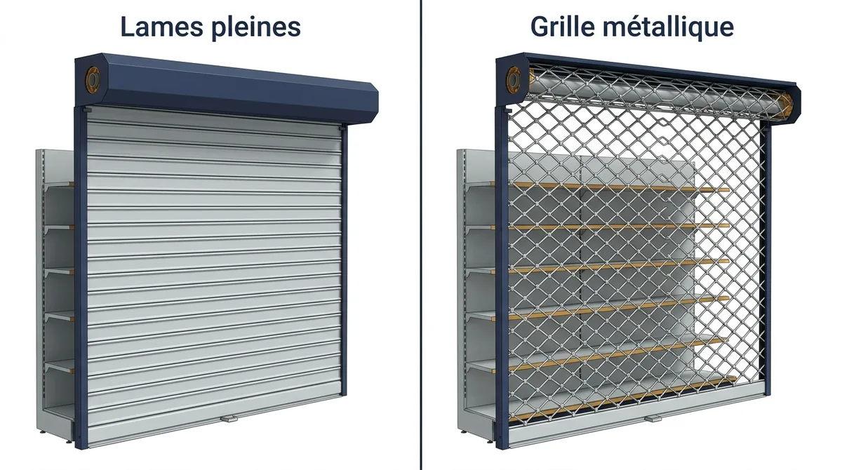 Tablier de rideau métallique à Coulommiers : lames pleines opaques et grille laissant voir l’intérieur