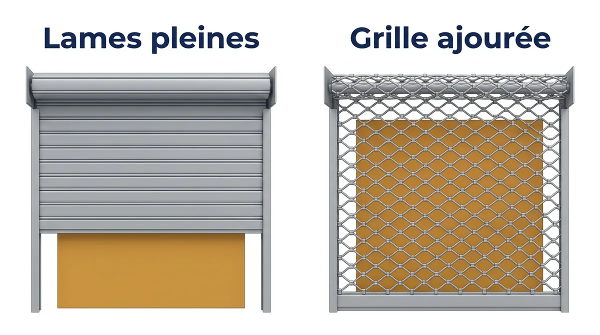 Tablier de rideau métallique à Saint-Maurice : lames pleines et grille ajourée côte à côte