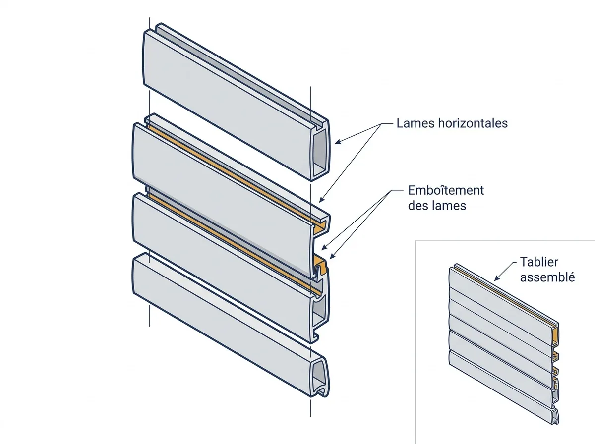 Tablier de volet roulant à Noisy-le-Sec : vue éclatée des lames horizontales en PVC