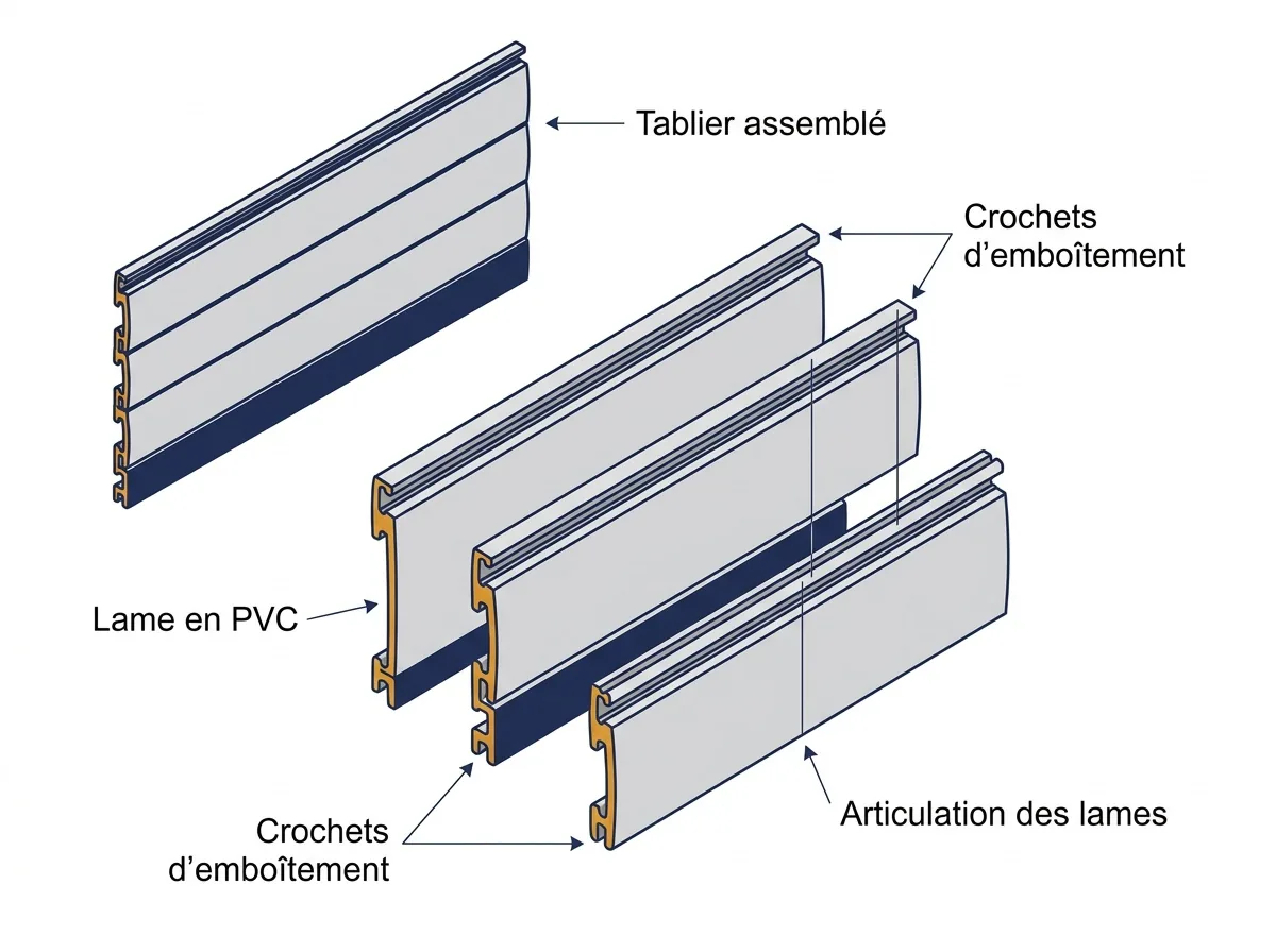 Tablier de volet roulant à Saint-Mandé : vue éclatée des lames en PVC et de leur emboîtement