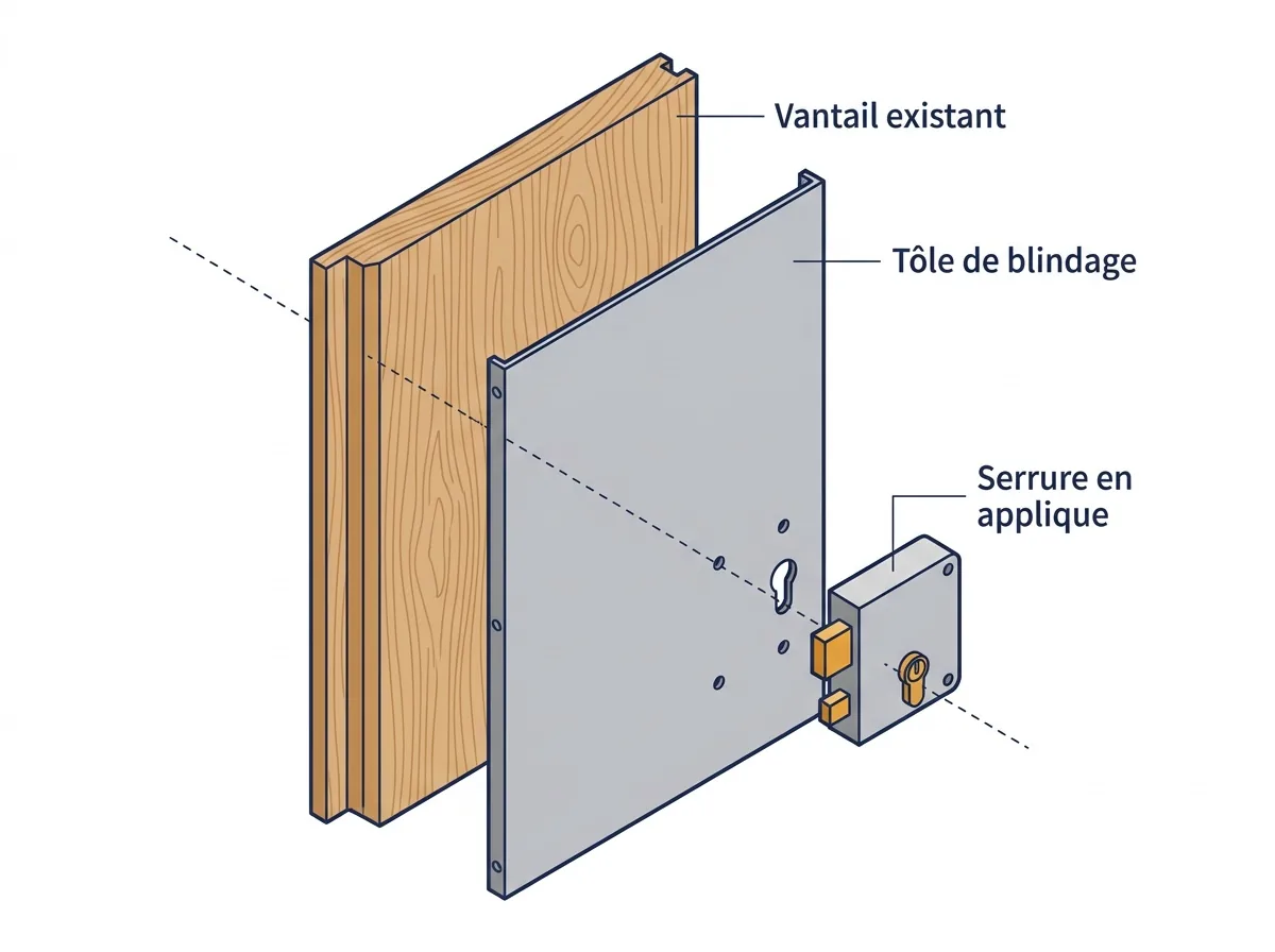 Vantail blindé à Argenteuil : vue éclatée de la porte conservée, de la tôle et de la serrure