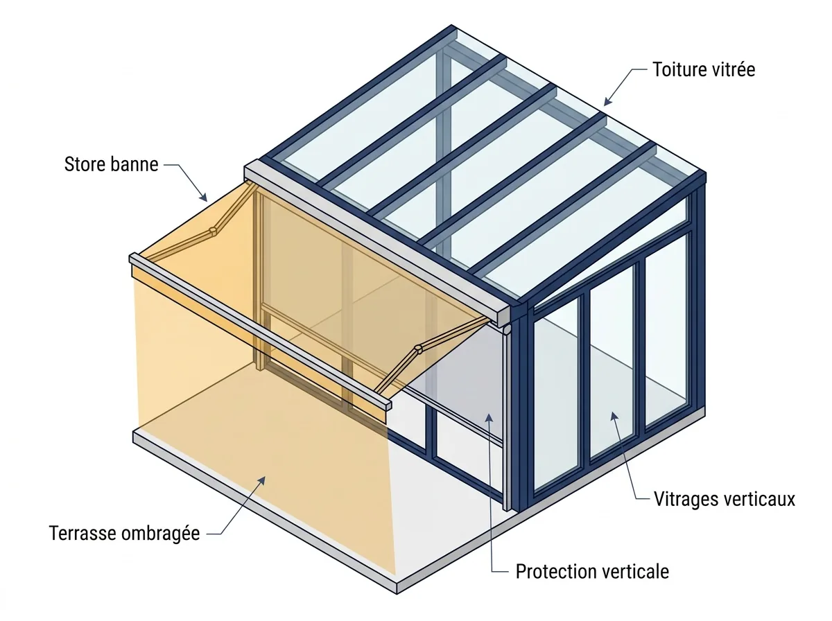 Véranda à Avon : emplacement du store banne, de la protection verticale et des surfaces à ombrager