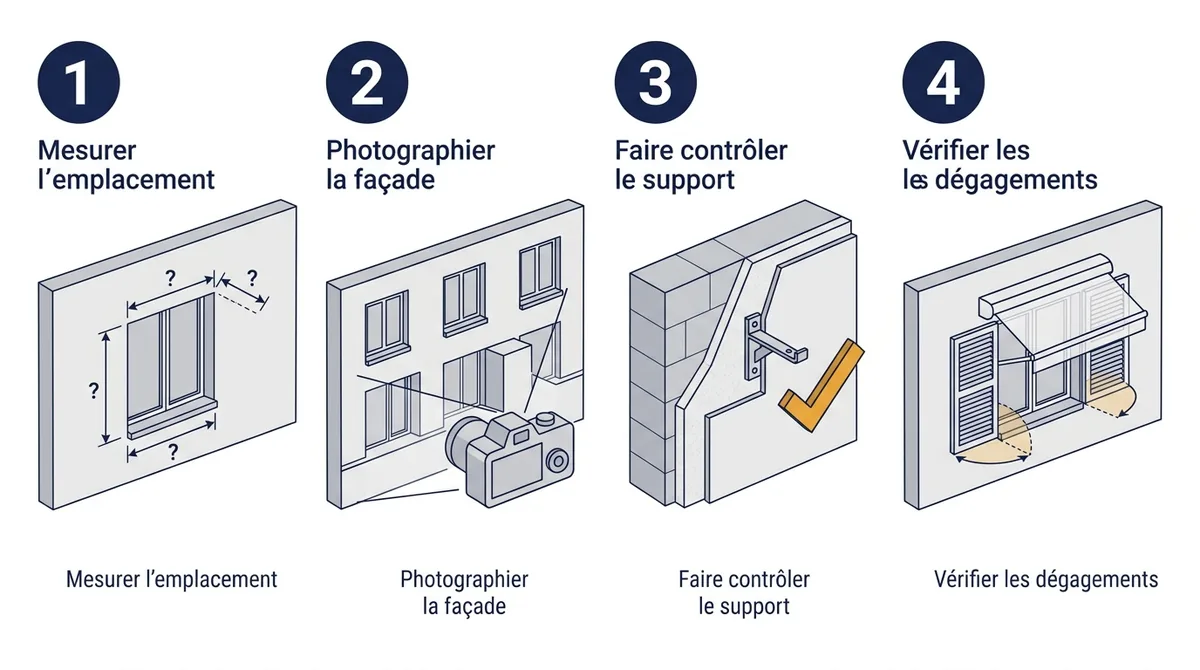 Vérifications avant pose d’un store banne : mesures, photos, support mural et dégagements.
