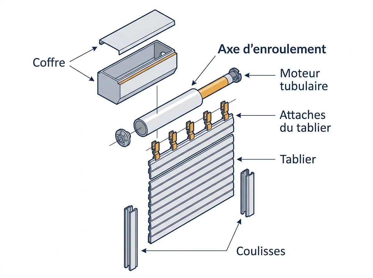 Volet roulant à Angerville : vue éclatée du coffre, du moteur, de l’axe et du tablier