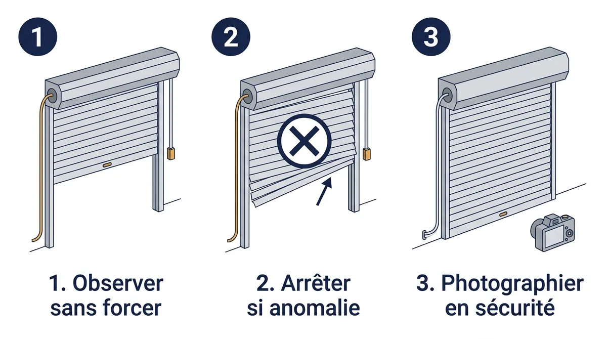 Volet roulant à Vincennes : trois étapes pour observer un blocage, arrêter les essais et le photographier