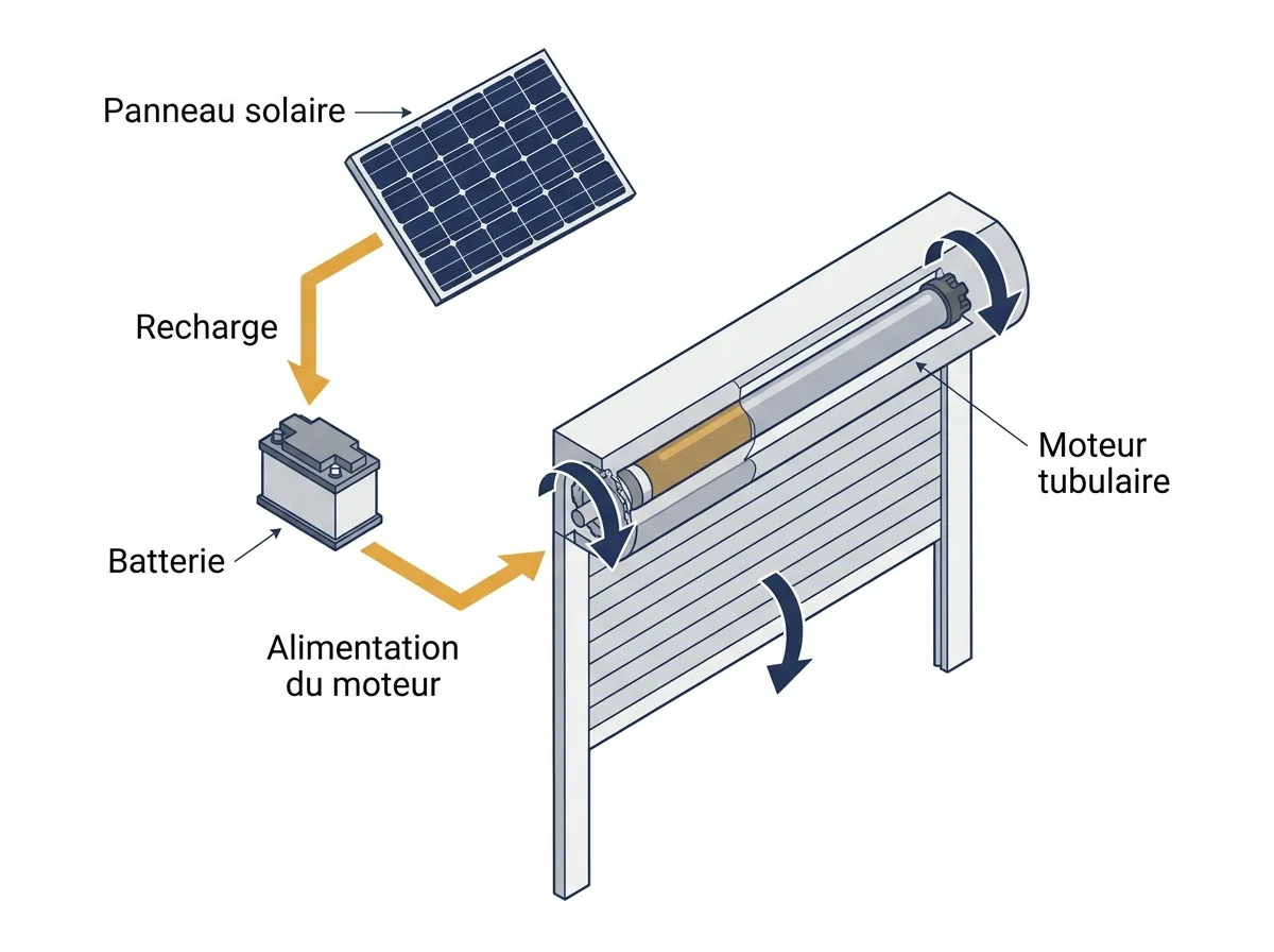 Volet solaire à Corbeil-Essonnes : le panneau recharge la batterie qui alimente le moteur