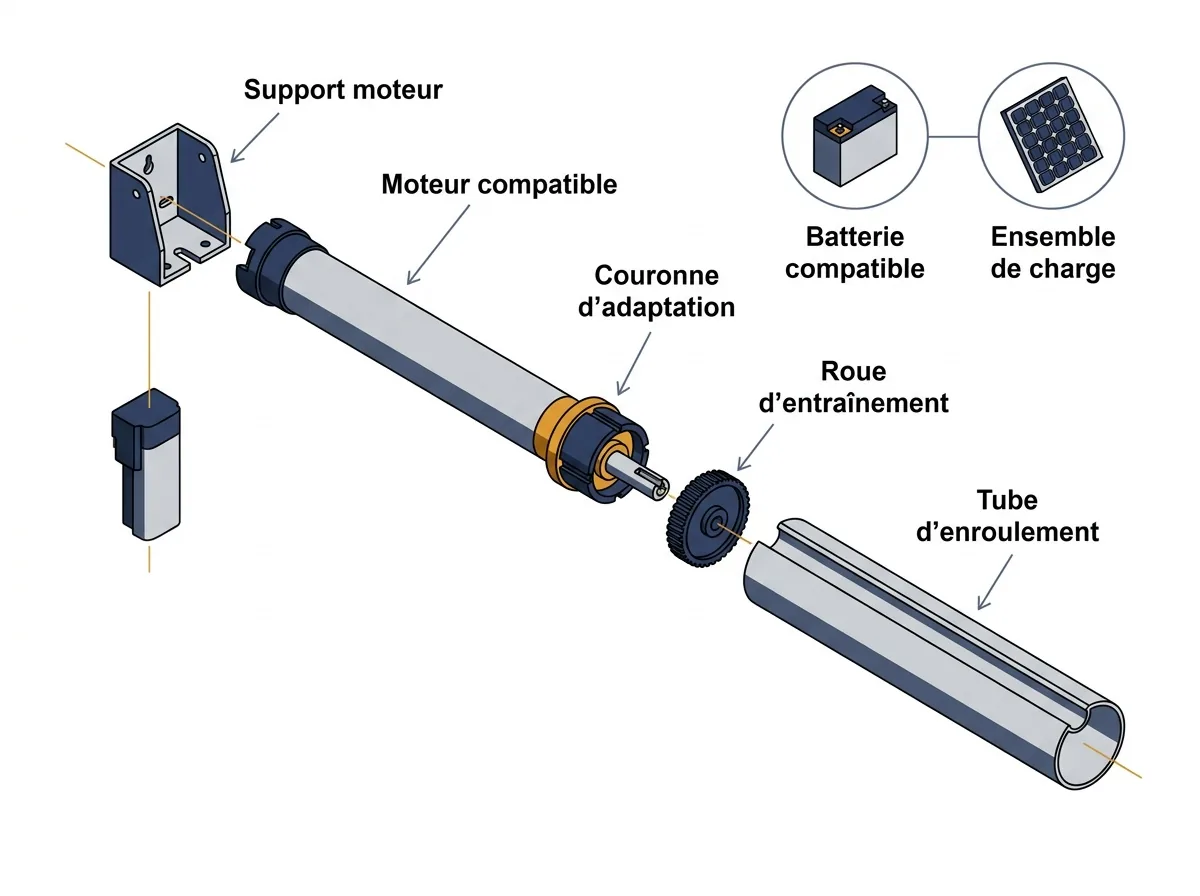 Vue éclatée de la motorisation d’un store banne solaire : moteur, adaptateurs et tube d’enroulement.